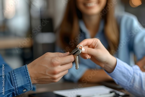 A woman receiving a key at a table photo
