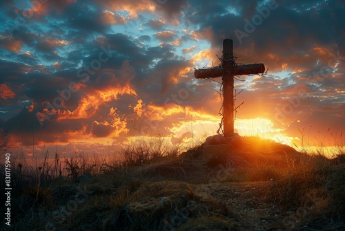 Cross on a hill as sun sets photo