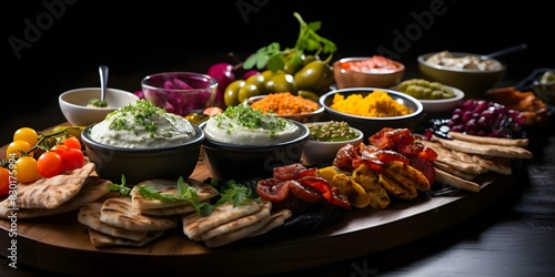 Vibrant mezze platter with assorted dips and appetizers beautifully captured through professional food photography. Concept Food Styling, Vibrant Mezze Platter, Professional Photography