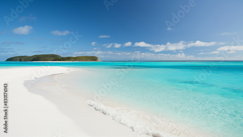 Sand spit of a tropical island stretching into the distance. Beautiful sunny summer landscape with white sand beach. 