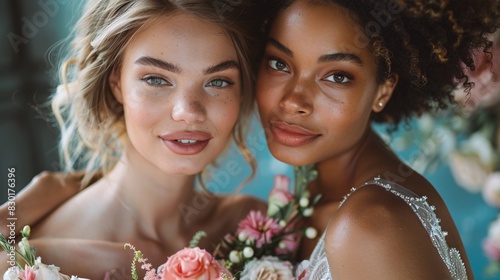 Multiracial LGBTQ couple in wedding dresses on background with flowers.