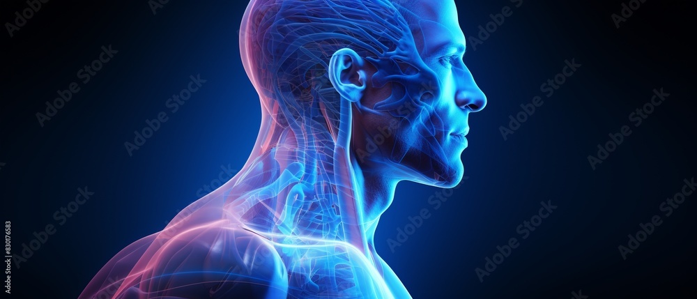 A 3D model of a muscular human figure, profile view, detailed anatomy, glowing edges, futuristic style, gradient background 8K , high-resolution, ultra HD,up32K HD A 3D model of a muscular human figure, profile view, detailed anatomy, glowing edges, futuristic style, gradient background 8K , high-resolution, ultra HD,up32K HD