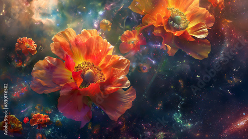 Vibrant flowers blooming against a backdrop of the galaxy, blending natural beauty with cosmic elements © Anthichada