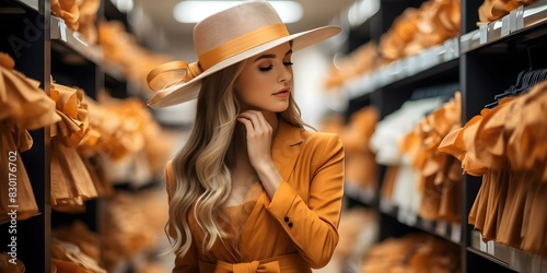 Stylish young woman in hat shopping for clothes in store. Concept Fashion, Shopping, Stylish Woman, Clothing Store, Lifestyle photo