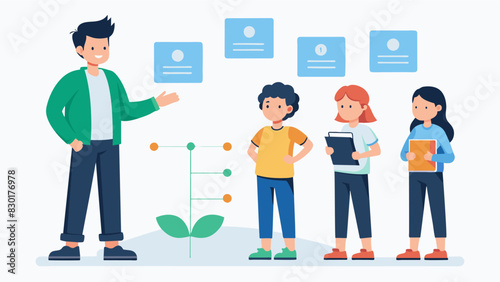A student stands by their timeline confidently explaining each event and its significance to their classmates during a presentation.. Vector illustration