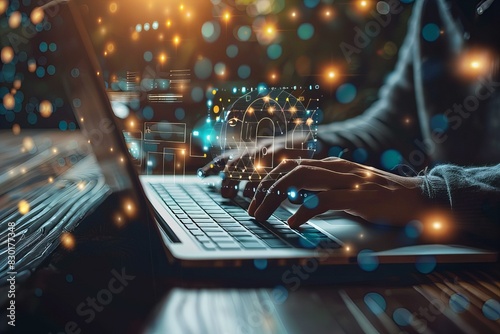Person typing on laptop with bright background lights