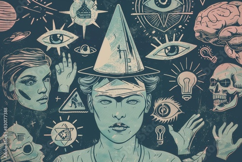 person wearing tinfoil hat - conspiracy theory idea illustration