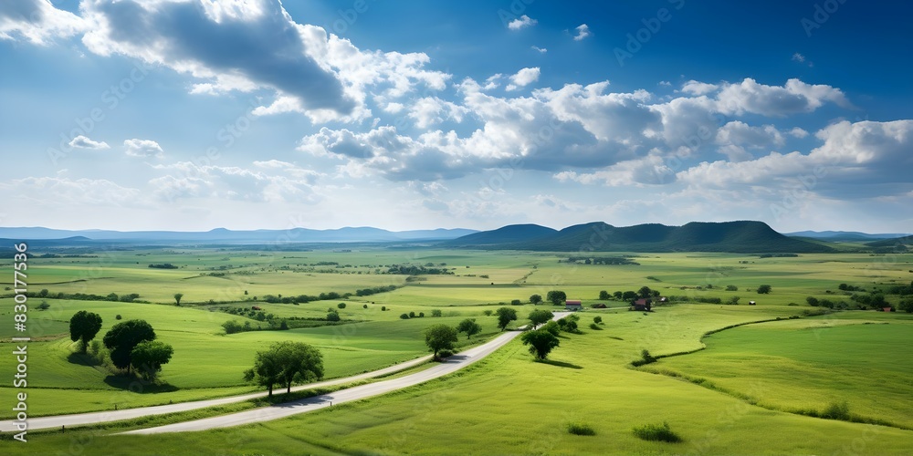 Naklejka premium Scenic Aerial View of Farmland with Rolling Fields and Country Road. Concept Aerial Photography, Farmland, Rolling Fields, Country Road, Scenic Views