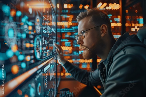 Man in glasses staring at computer monitor with illuminated lights