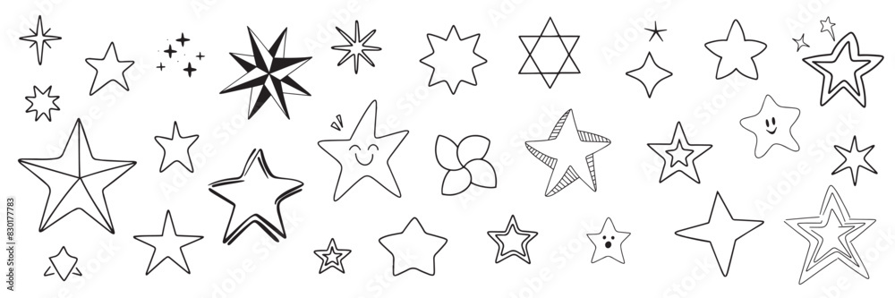 Obraz premium Collection of outline stars in doodle style. Hand drawn vector art.