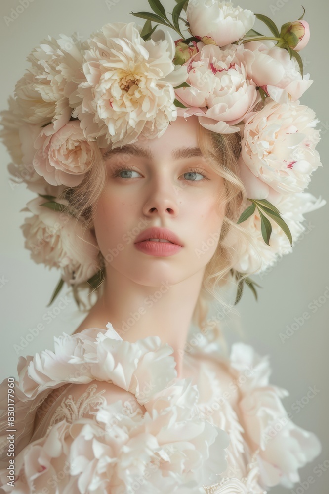 beautiful caucasian blonde model with pink peonies  flower crown on her head, face beauty closeup portrait. Bridal wedding fashion.