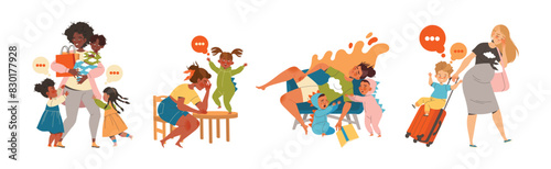Tired Mom with Kids Feeling Stress and Exhaustion of Noisy and Naughty Toddler Vector Set