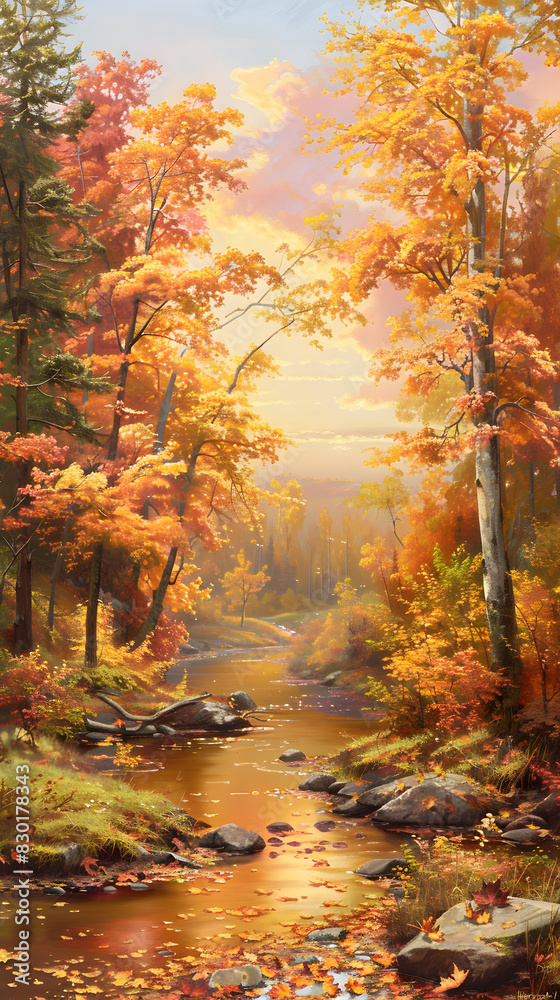 Serene Autumn Landscape with Golden Trees and Meandering Stream Reflecting Fall Colors