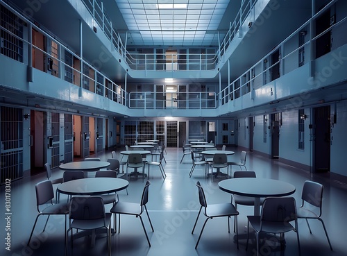 The interior of an empty prison dining area has tables and chairs with some rectangular windows on each side