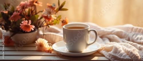 A comforting morning scene with a mug of coffee on a knitted blanket, sunlight filtering through flowers, warm and soft lighting, detailed textures 8K , high-resolution, ultra HD,up32K HD