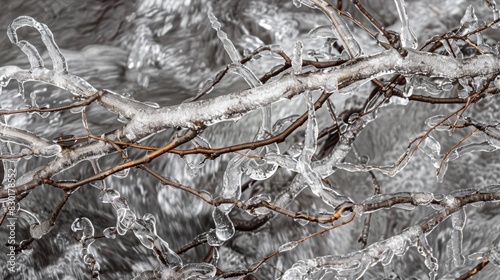 Branches and twigs once encased in ice are now free as the meler flows over them. photo