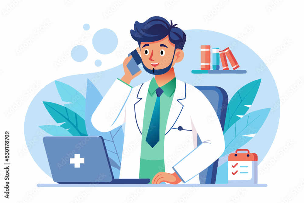 Professional male doctor calling to patient, giving treatment prescription and advice.  providing modern healthcare service,flat illustraion