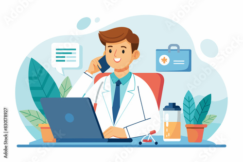 Professional male doctor calling to patient, giving treatment prescription and advice.  providing modern healthcare service,flat illustraion © ArtfuIInfusion769