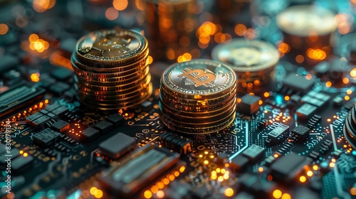 Stacks of golden cryptocurrency coins on a circuit board, representing the digital economy and blockchain technology. © ratchanon