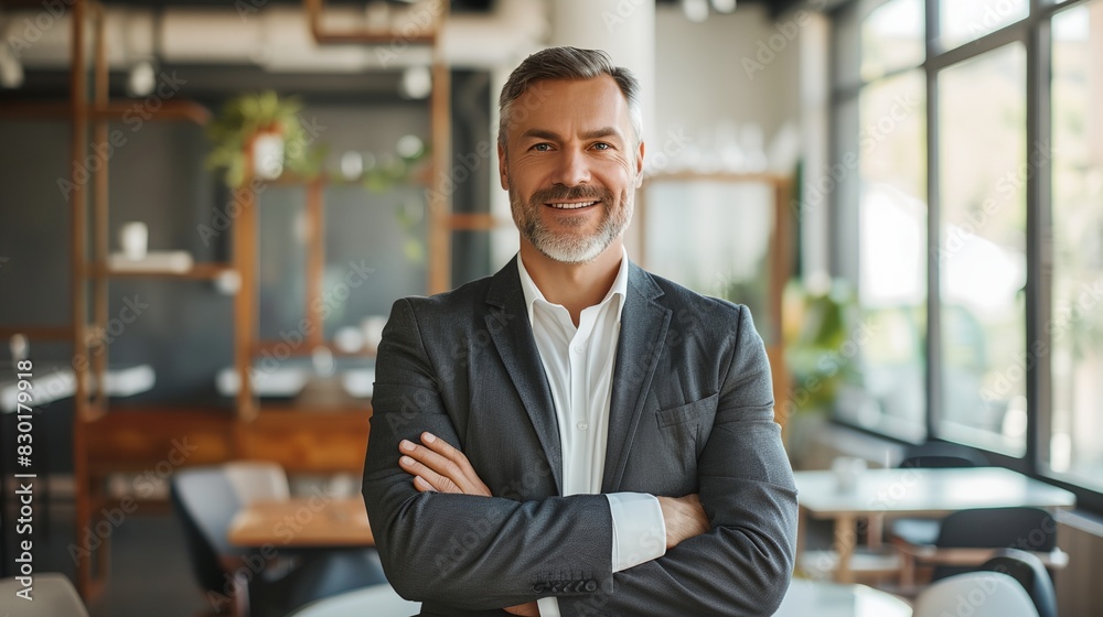 a man with a beard and a suit jacket standing in a restaurant with his arms crossed and smiling at the camera.. a man with a beard and a suit jacket standing in a restaurant with his arms crossed and smiling at the camera..
