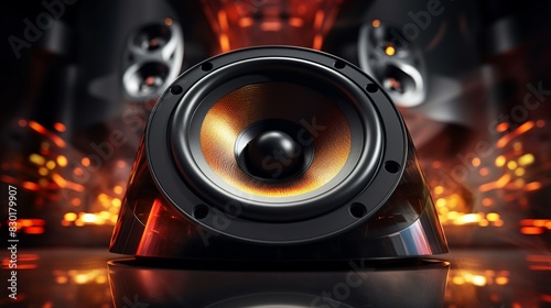 A highdefinition closeup of a powerful speaker with detailed textures and vibrant reflections, dark background, modern design, high contrast 8K , high-resolution, ultra HD,up32K HD