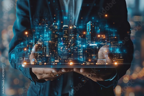 Person holding tablet with city background