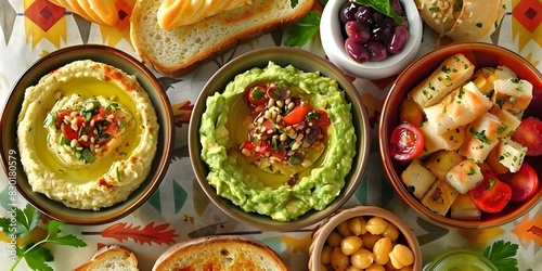 Geometric Patterned Tablecloth Featuring Hummus, Guacamole, Whole Wheat Toast, and Breadsticks. Concept Food Photography, Geometric Patterns, Table Setting, Appetizer Spreads, Healthy Snacks