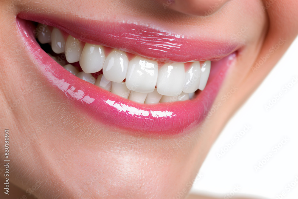 Fototapeta premium A woman with a bright pink lip color and a white smile. Concept of happiness and confidence