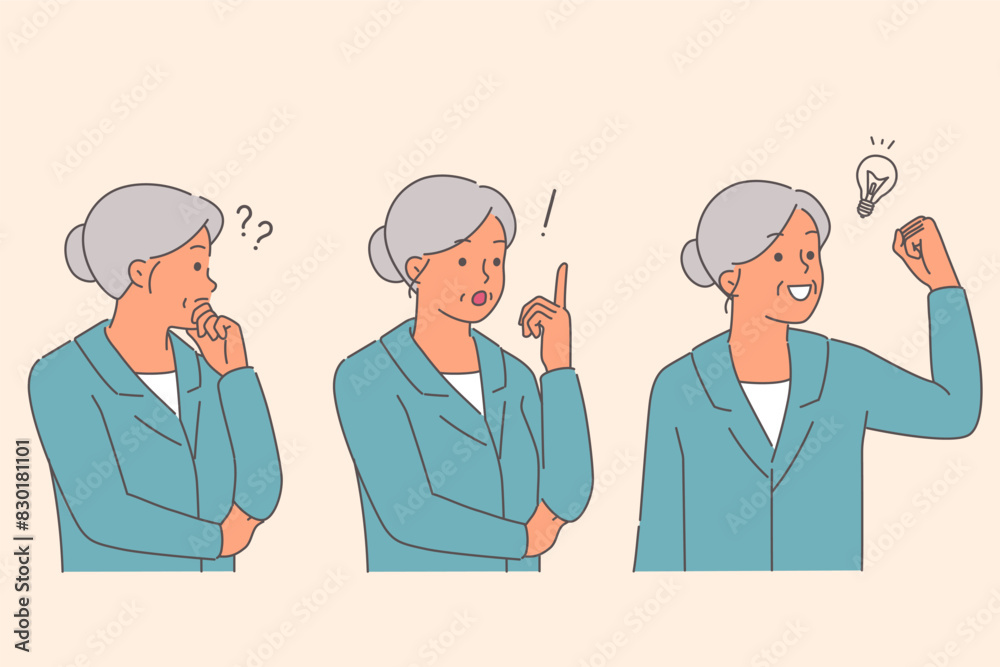 Elderly business woman thinking about problem, coming up with idea to get out of difficult situation Elderly business woman thinking about problem, coming up with idea to get out of difficult situation