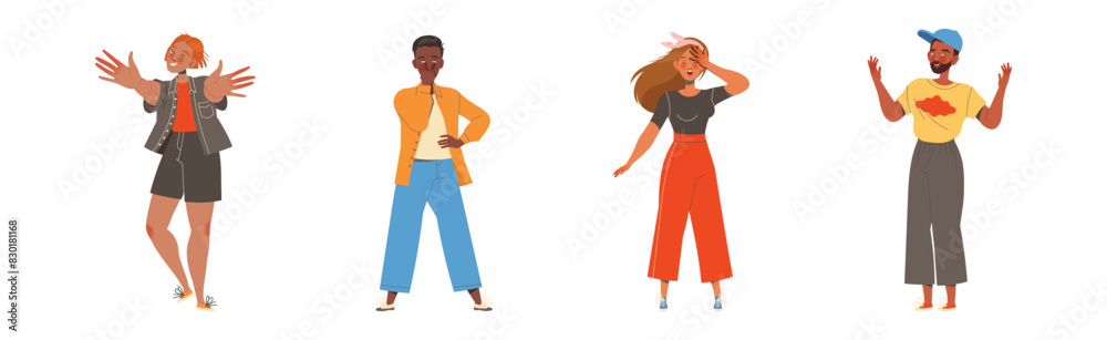 Obraz premium Man and Woman Character Showing Hand Gesture Expressing Emotion with Body Language Vector Illustration Set