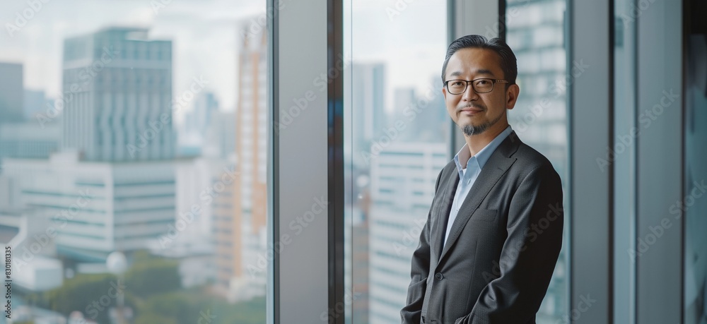 Fototapeta premium a man standing in front of a window in a room with a view of a city and skyscrapers..