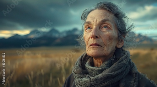 portrait of a mature woman, her weathered features etched with lines of wisdom, against a backdrop