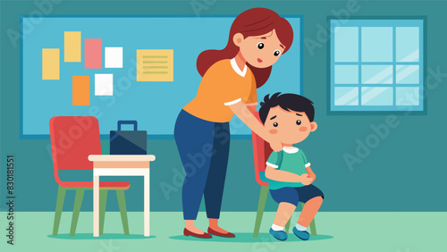 One child clinging onto their mothers leg for dear life tears streaming down their face as theyre coaxed into the classroom by a patient teacher.. Vector illustration