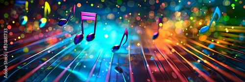 a colorful music background with notes and lights on it