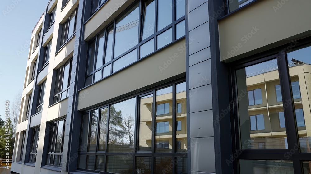 A new office building with four floors, with installed black metal-plastic windows on a summer day. Sale and installation of windows.