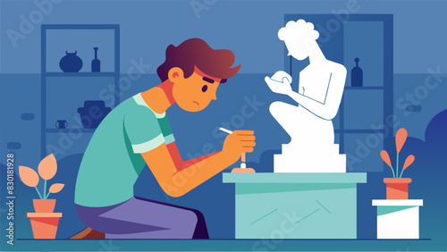 In a quiet room a teenager quietly works on a sculpture slowly molding their feelings and thoughts into tangible form.. Vector illustration