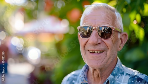 a man wearing sunglasses and a blue shirt smiling at the camera with a tree in the background