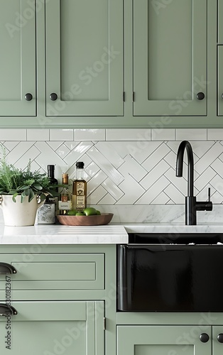 close up of mint green kitchen cabinets with black sink, herringbone white tile backsplash,