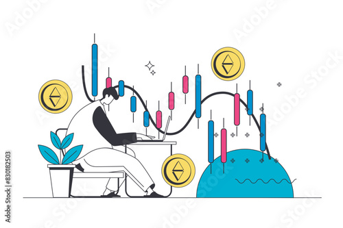 Crypto market outline web concept in modern flat line design. Man analyzing cryptocurrency graphs, trading coins with different financial stock index.Trader earning money online. Vector illustration