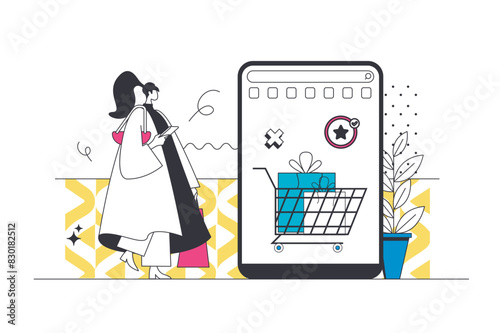 Online commerce outline web concept in modern flat line design. Woman making internet purchases, ordering products at supermarket with best price offres and paying at mobile app. Vector illustration
