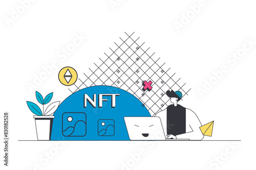 Crypto NFT outline web concept in modern flat line design. Man buying non-fungible token artwork images in internet marketplace and gallery, making cryptocurrency transactions. Vector illustration