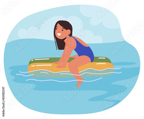 Child Girl Swimming In Clear Blue Water on Floater Under A Bright Sky, Symbolizing Carefree Summer Days And Aquatic Fun