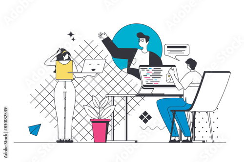 Developers team outline web concept in modern flat line design. Programmers and coding engineers working at project, connecting with manager, finding solutions for new product. Vector illustration