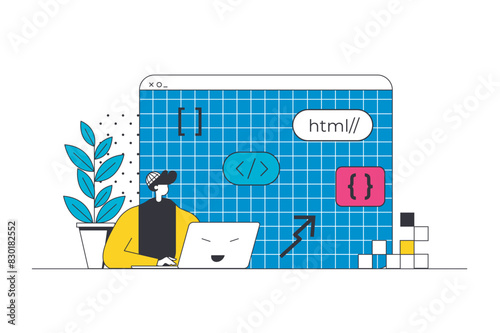 DevOps outline web concept in modern flat line design. Programmer coding and working at project, connecting with administration manager for collaboration and integration practice. Vector illustration