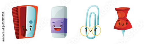Funny School Items with Smiling Faces as Cartoon Education Supply Vector Set