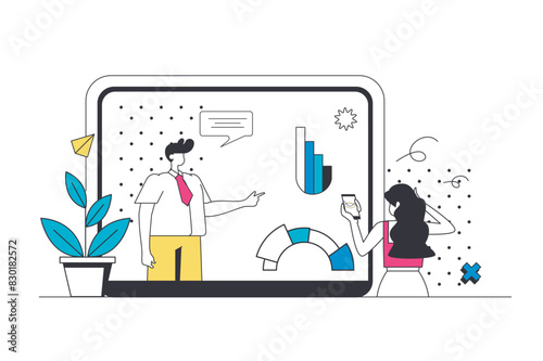 Financial management outline web concept in modern flat line design. Woman and man calculating money, analyzing finance at data and graph, bookkeeping and controlling budget. Vector illustration