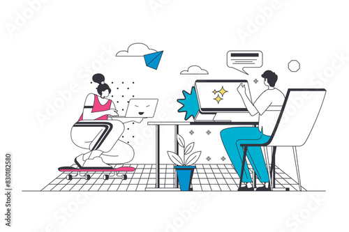 Freelance work outline web concept in modern flat line design. Woman doing task at laptop from remotely workplace. Man connecting with colleagues via computer app from home office. Vector illustration