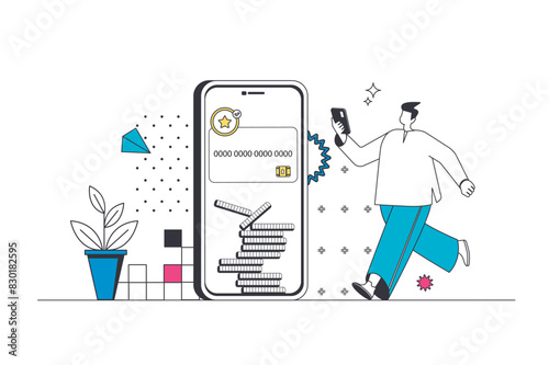 Mobile banking outline web concept in modern flat line design. Man controlling financial account with credit card in app, managing digital wallet, making online money transfer. Vector illustration