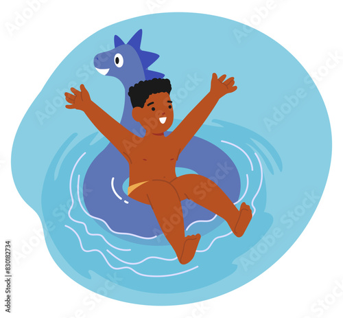 Child Expresses Pure Joy While Playing In A Swimming Pool, Seated On An Inflatable Dinosaur Ring, Vector Image