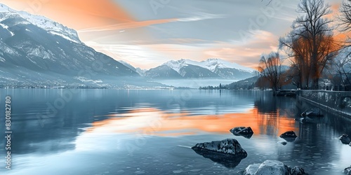 Scenic winter sunset at Lake Annecy in HauteSavoie France surrounded by sno. Concept Nature Photography, Winter Landscapes, Lake Annecy, Haute-Savoie, France